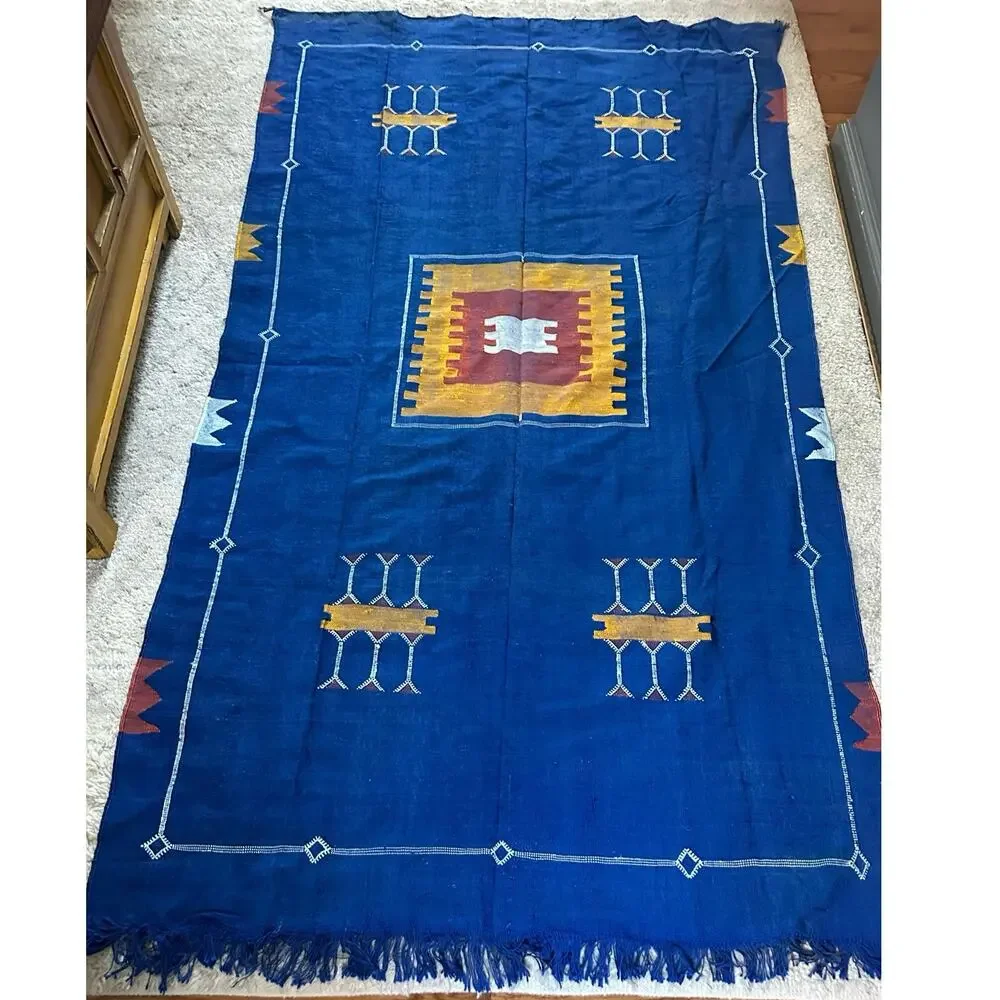 Vintage Moroccan rug kilim Berber Handmade orange yellow red wall tapestry 2x3ft